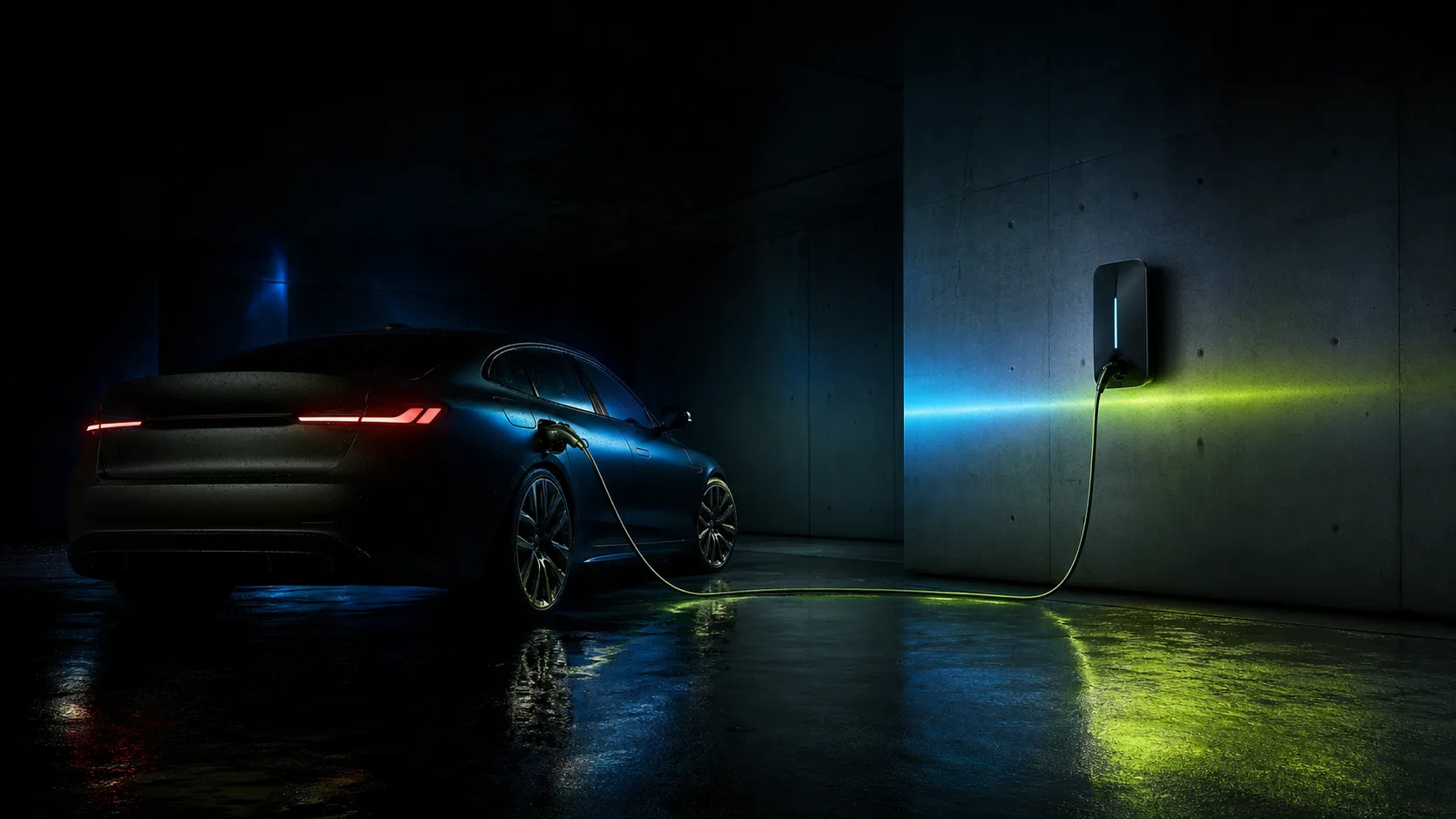 Electric car connected to a wall charger in a minimal concrete garage