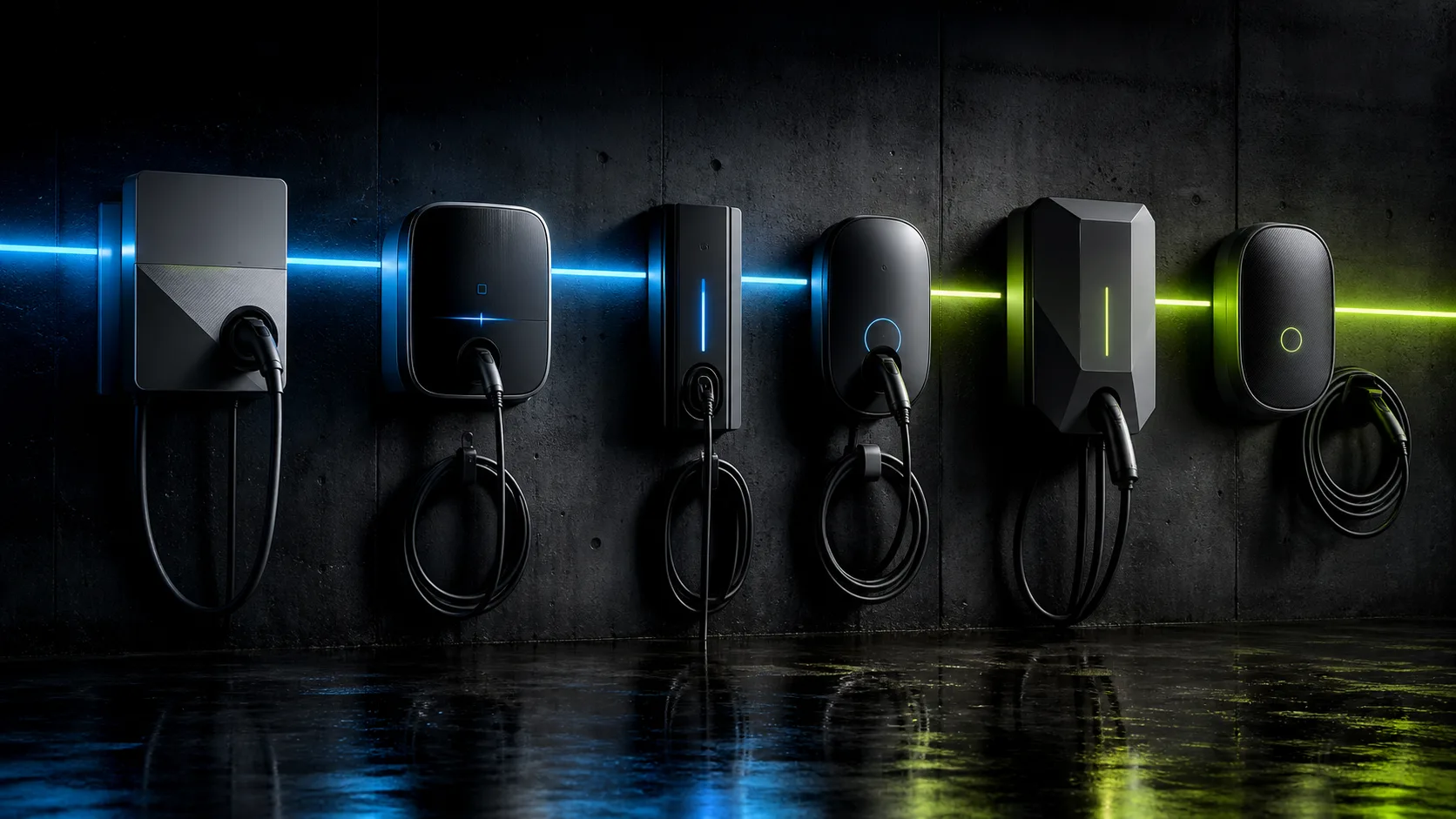 Lineup of premium home EV chargers on a dark wall