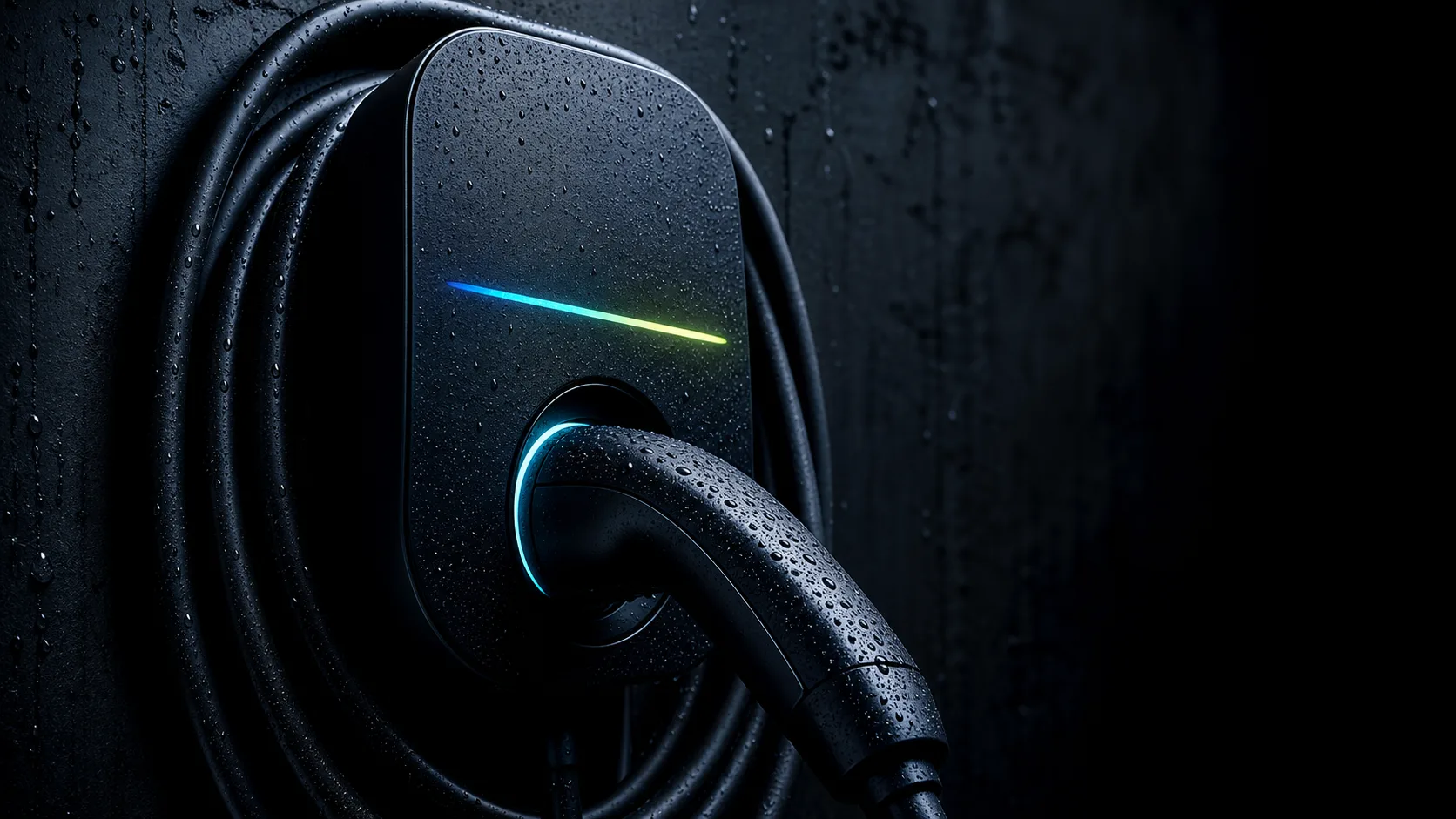 Macro of a premium wall-mounted EV charger and connector