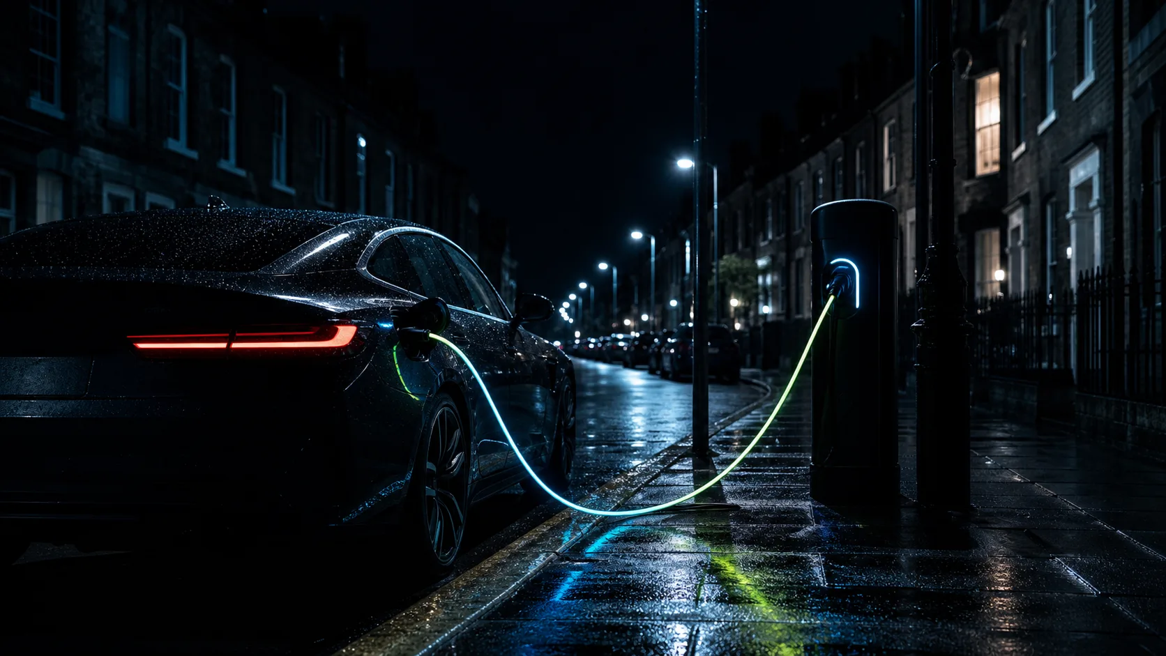 Electric car charging on a UK city street at night