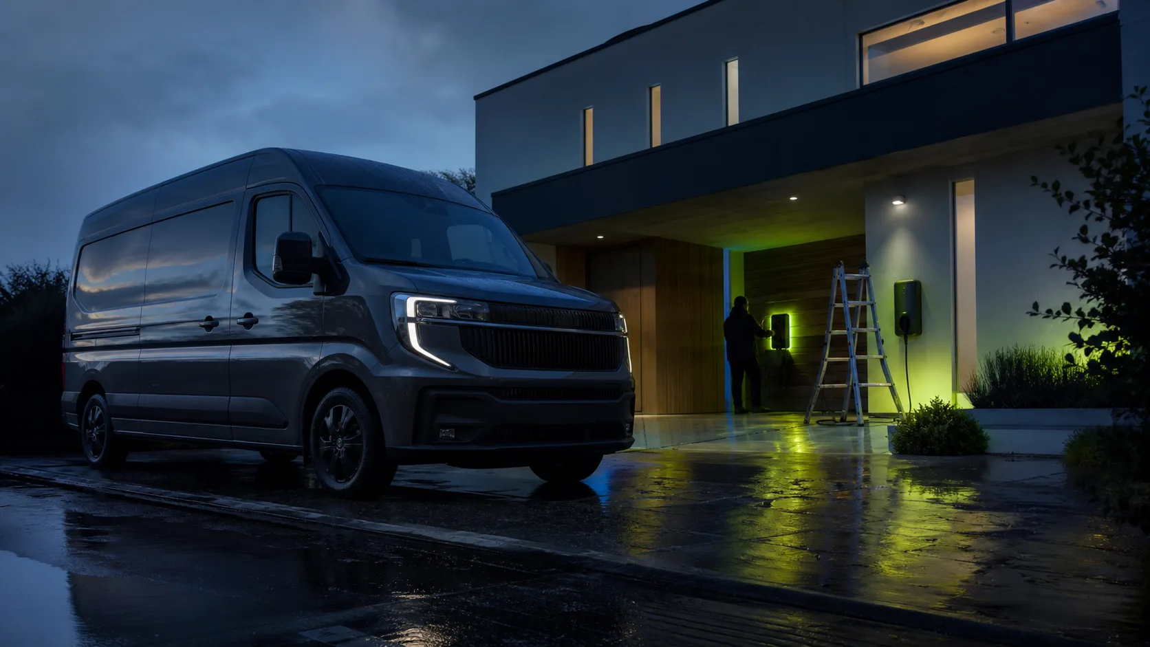 Installer van outside a modern UK home at dusk