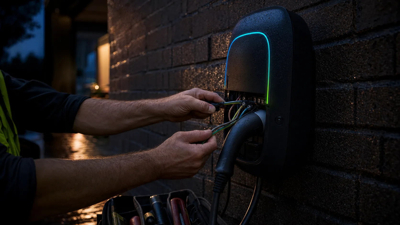 Electrician wiring a wall-mounted EV charger